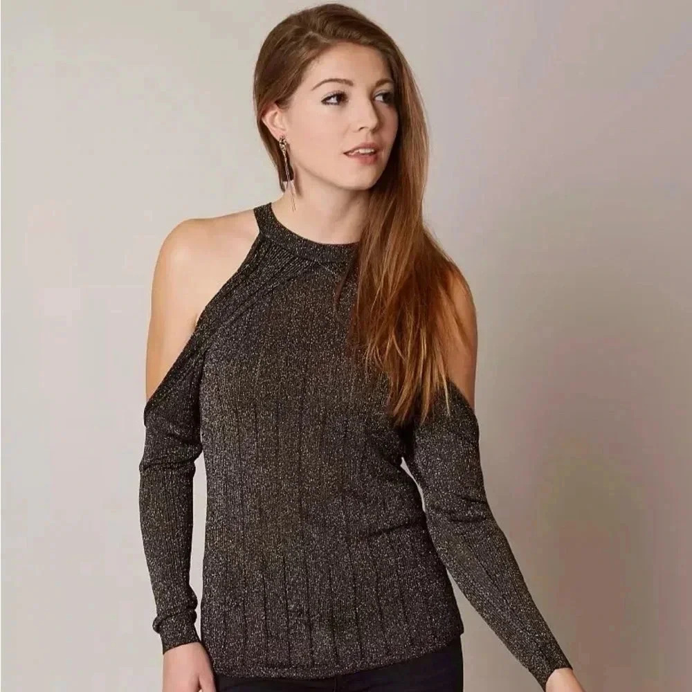 Women's Guess Lurex Cold Shoulder Sweater Holidays Christmas